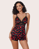 Satin lingerie pajama shorts set with red heart print, lace trim, and spaghetti straps