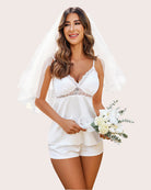 White satin lingerie pajama shorts set with lace cups and lace-trim hem