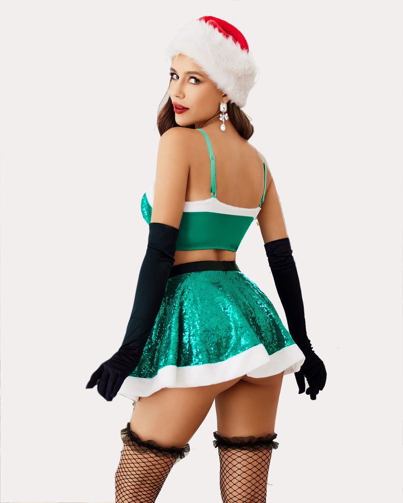 Green Santa lingerie set, back view: sequin flared skirt, fishnet stockings, gloves