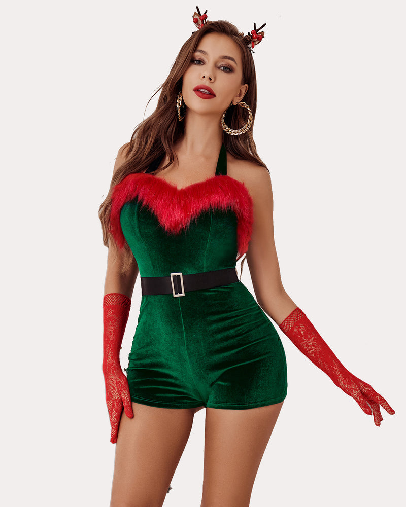 Green velvet romper with red faux fur trim, black belt buckle, red gloves, antler headband