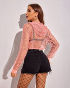 Pink fishnet mesh hoodie crop top, back view with drawstring hood
