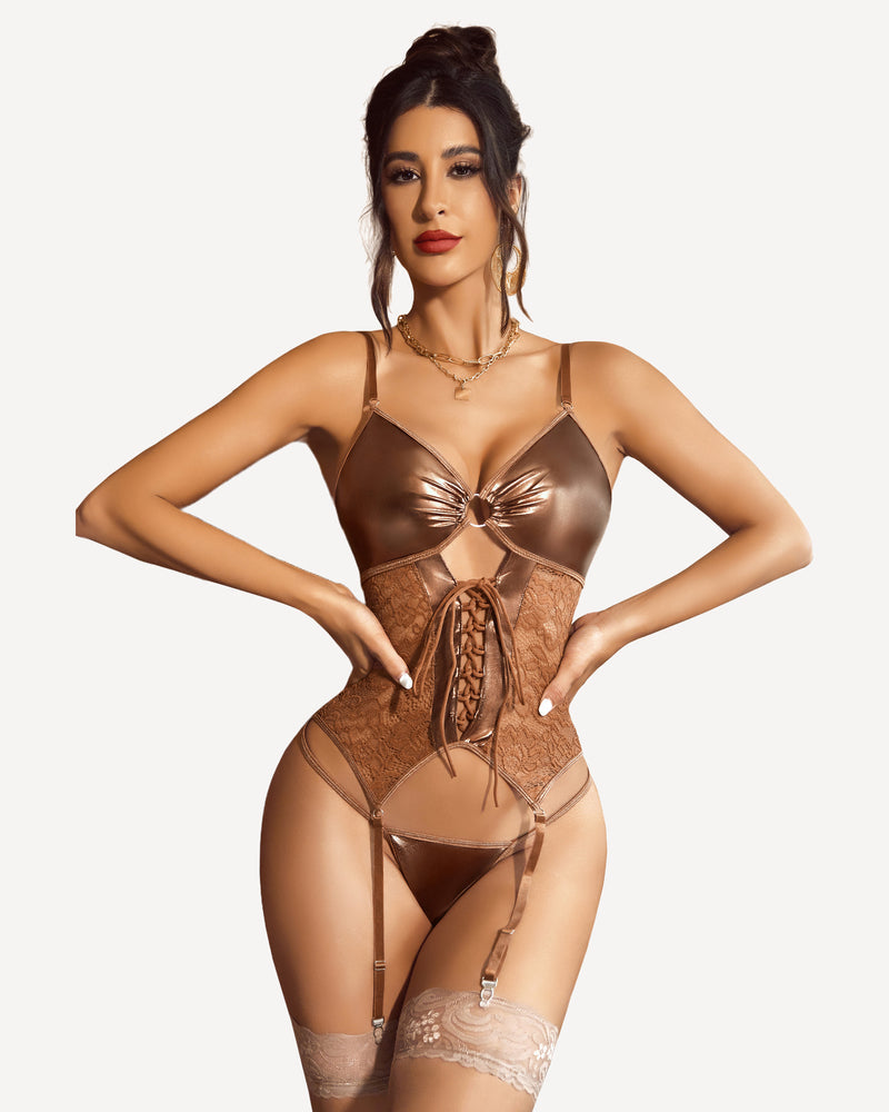 Brown corset with garter belt, lace-up front, satin cups and sheer garter straps