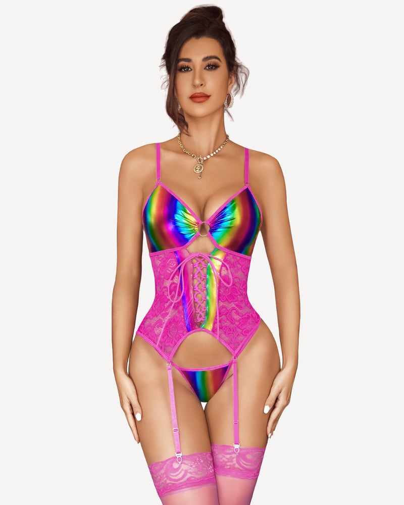 Leather lace corset and garter belt in rainbow with pink lace panels and thigh garters