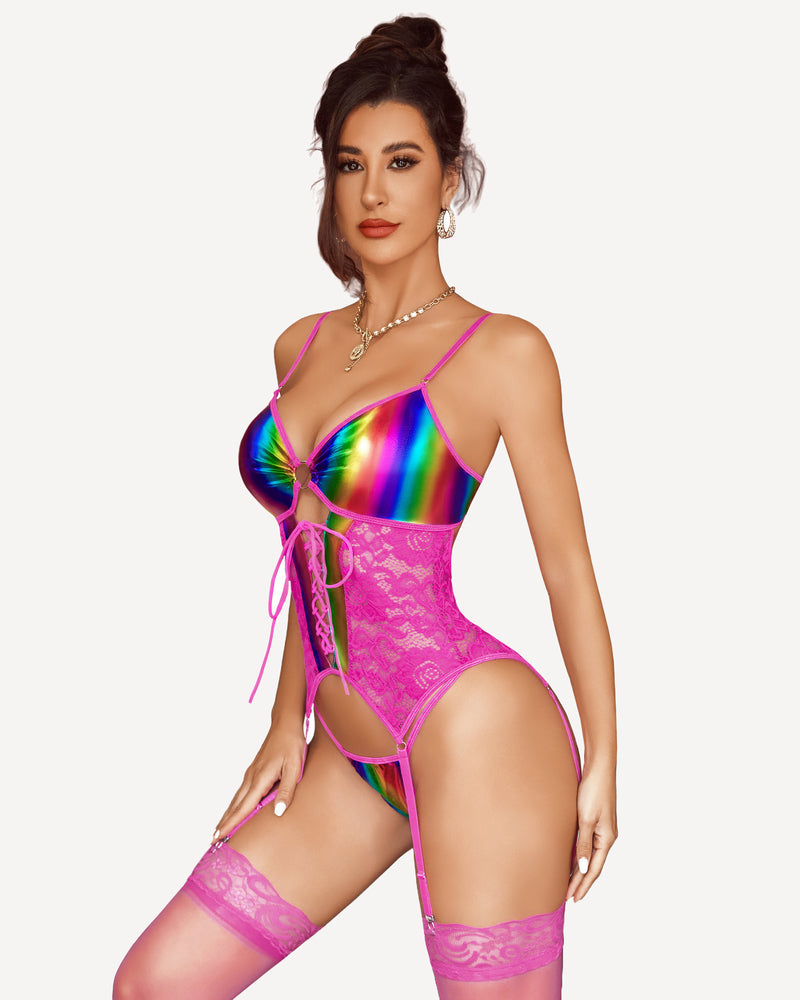 Leather lace corset and garter belt in rainbow with pink lace panels and thigh garters