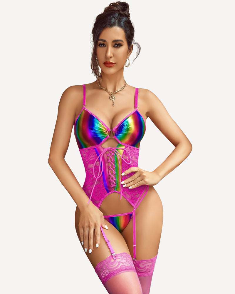 Multicolor pink corset with garter belt, lace panels, garters, and thigh-highs