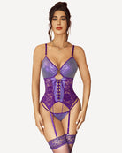 Front view purple corset with garter belt, lace bodice, garters, and thigh-highs