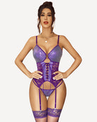 Purple corset with garter belt, lace panels, garter straps, and thigh-highs