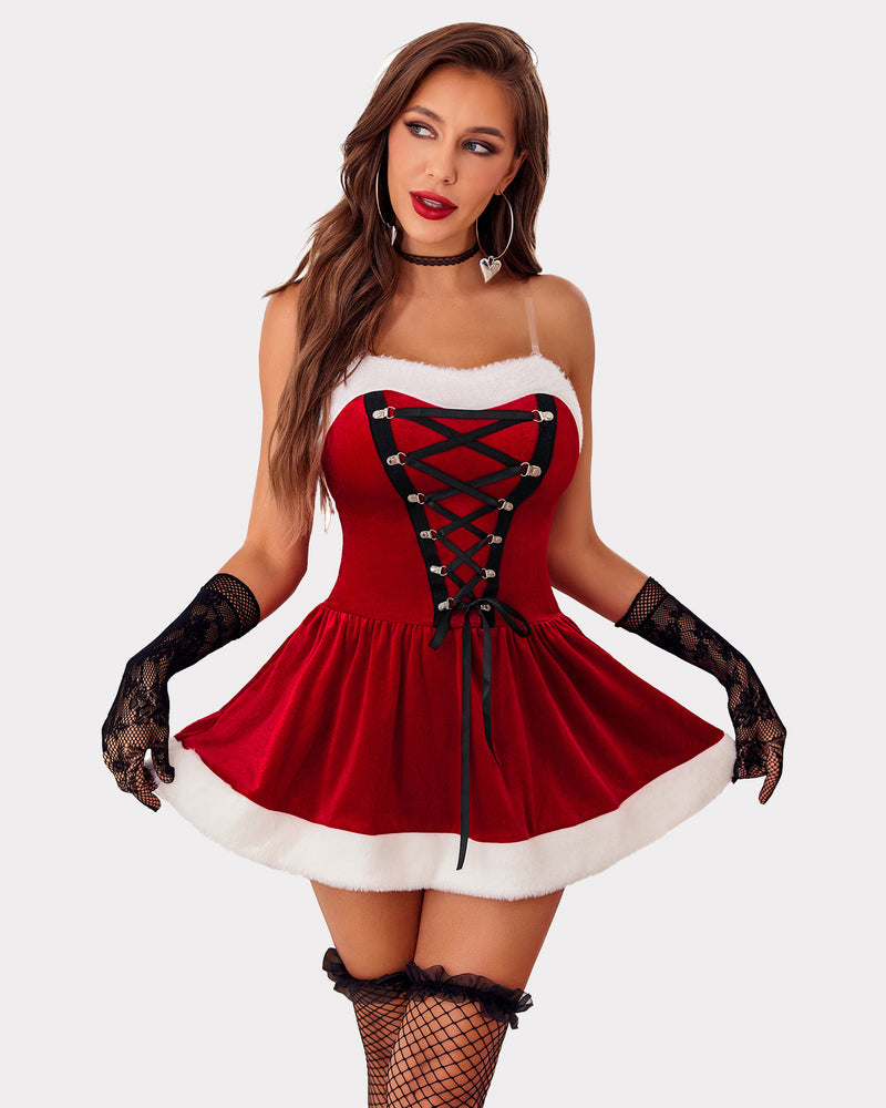 Red velvet chemise with lace-up sweetheart bodice, thin straps, and white trim