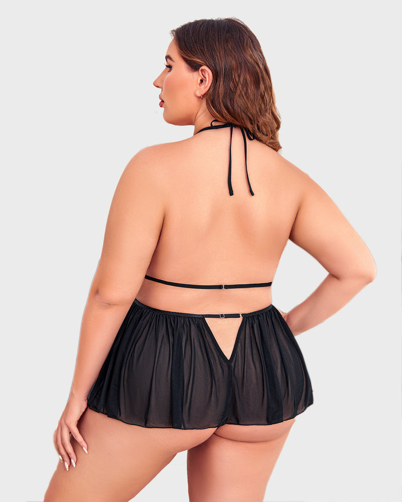 Black lace halter teddy back view with strappy neck and gathered mesh skirt