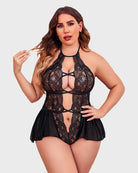 Black lace deep V teddy with halter neck, crisscross straps, and mesh skirt panel