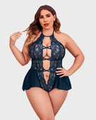 Navy lace deep V teddy with halter neck, crisscross straps, and mesh skirt panel