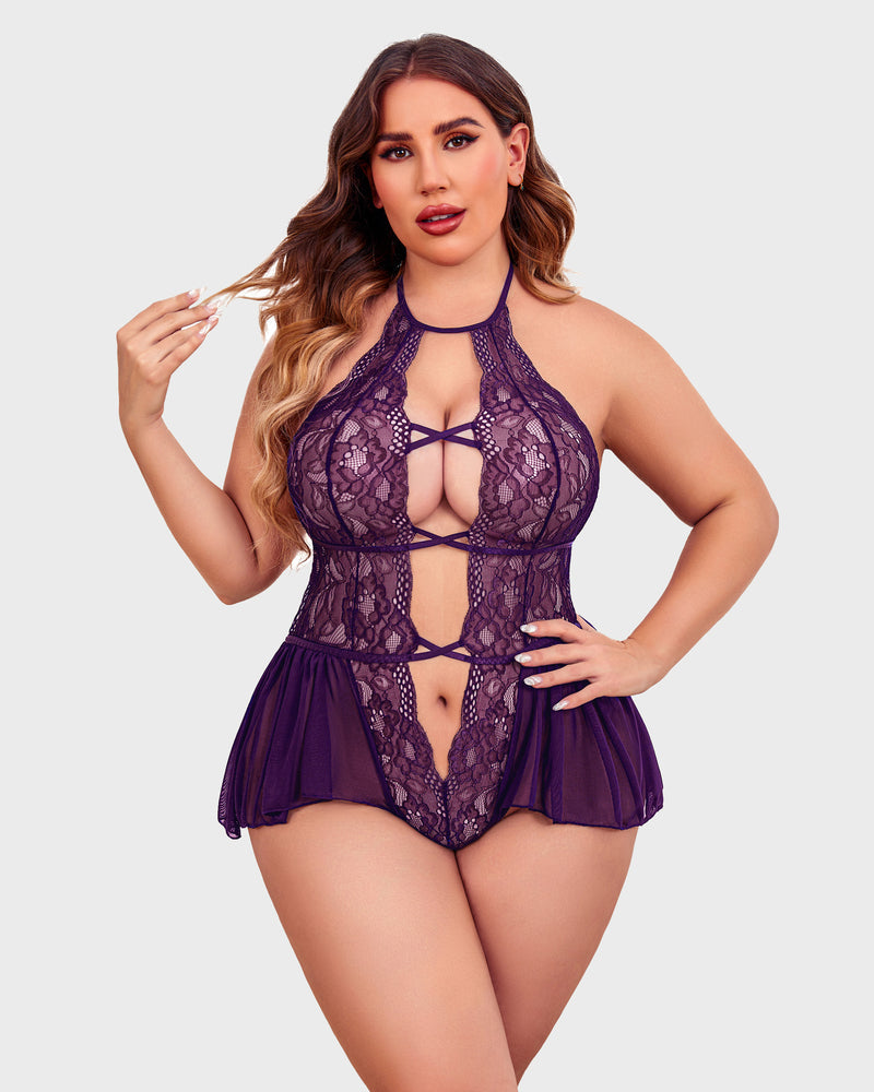 Purple lace halter teddy with deep V front cutout, crisscross straps, and mesh skirt