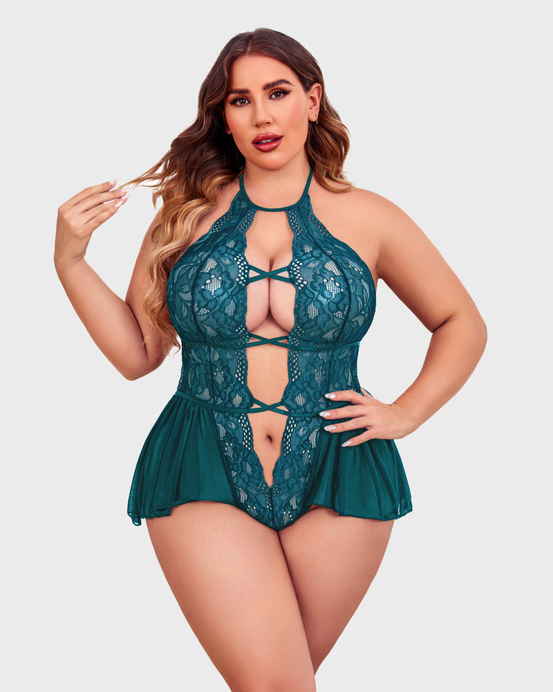 Teal lace halter teddy with front cutout and crisscross strap bodice