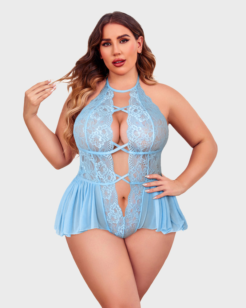 Light blue lace halter teddy with plunging front cutout and flared skirt