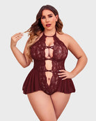 Dark red lace halter teddy with deep V front cutout, crisscross straps, and mesh skirt