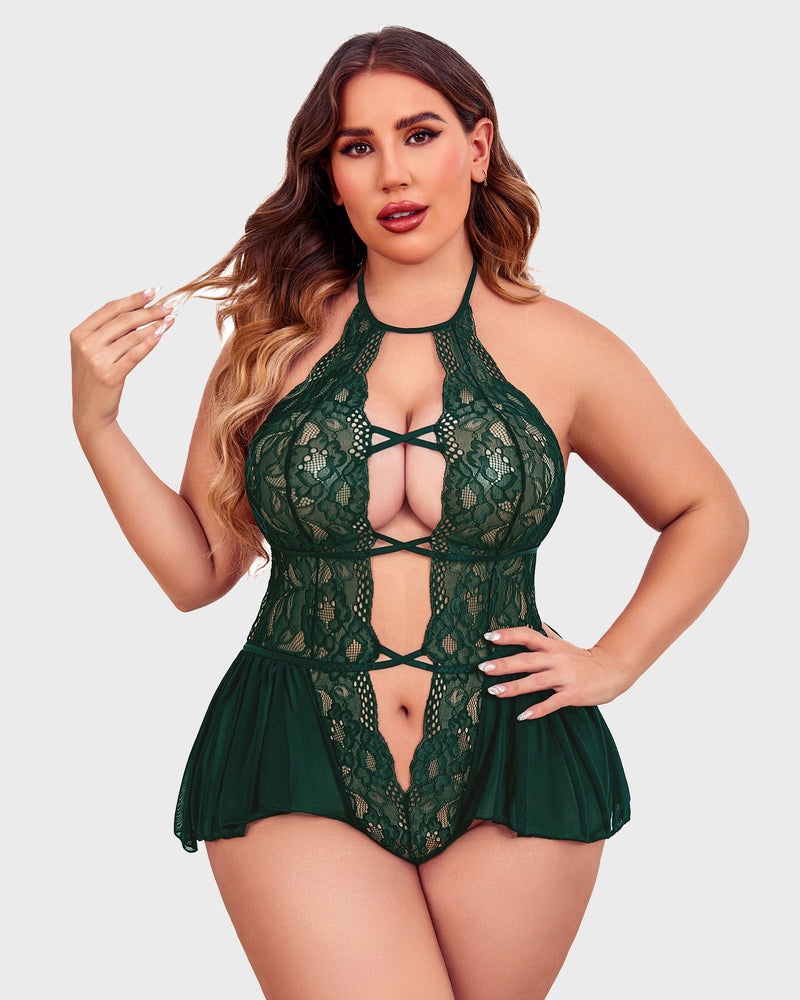 Dark green lace halter teddy with keyhole cutout and crisscross straps