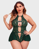 Dark green lace halter teddy with keyhole cutout and crisscross straps