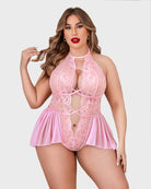 Light pink lace halter teddy with cutout front, crisscross straps, and mesh skirt