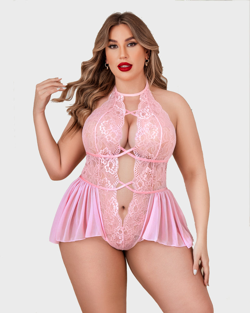 Light pink lace halter teddy with cutout front, crisscross straps, and mesh skirt