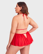 Red lace halter teddy back view with tie strap and sheer mesh skirt