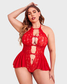 Red lace halter teddy with deep V front cutout, crisscross straps, and mesh skirt