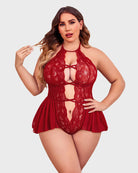 Red lace halter teddy with deep V front cutout, crisscross straps, and mesh skirt