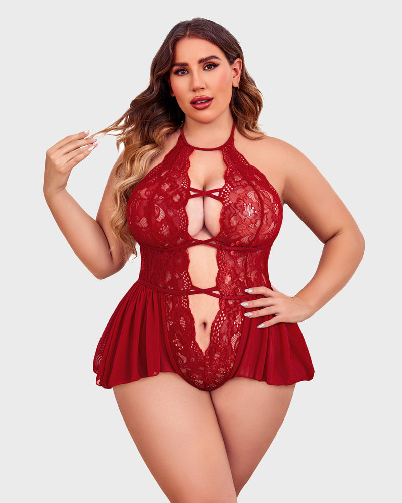 Red lace halter teddy with deep V front cutout, crisscross straps, and mesh skirt