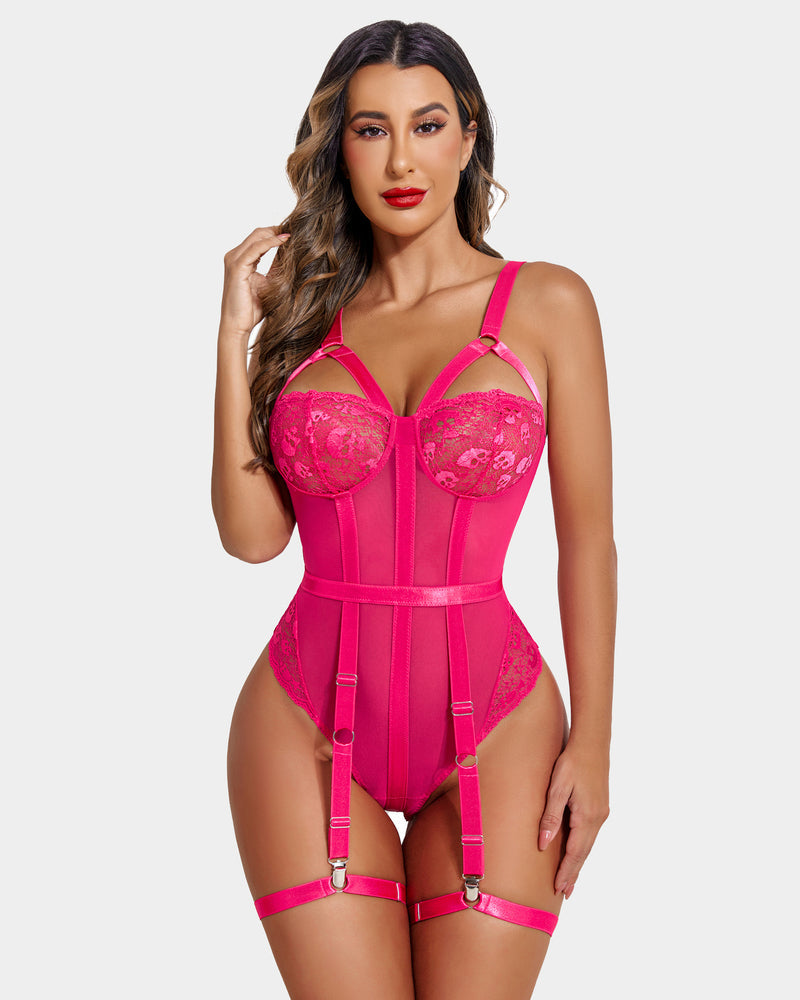 Rose red lace bodysuit with garter belt, underwire cups and suspender garters