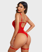 Red lace bodysuit with open-back straps and garter belt thigh bands