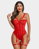 Red lace bodysuit with garter belt straps, plunge cups, and thigh garters