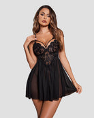 Black lace V-neck babydoll with floral bust and layered sheer skirt