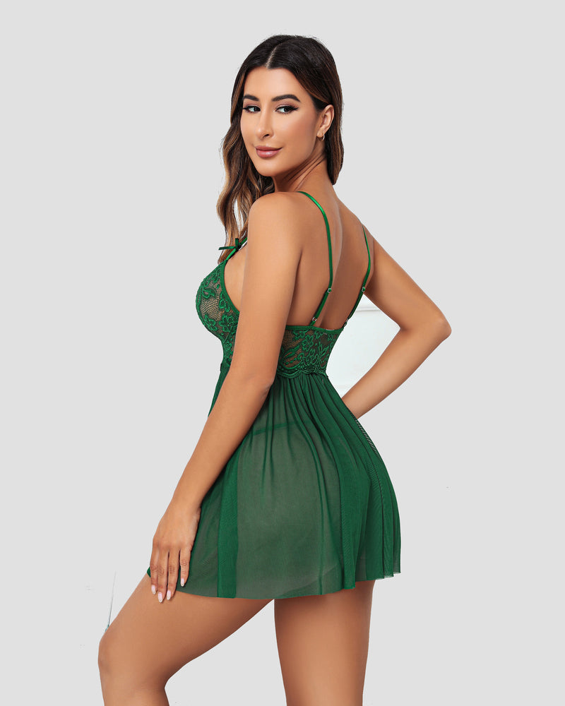 Green v-neck mesh babydoll nighty with lace bodice, thin back straps, short skirt