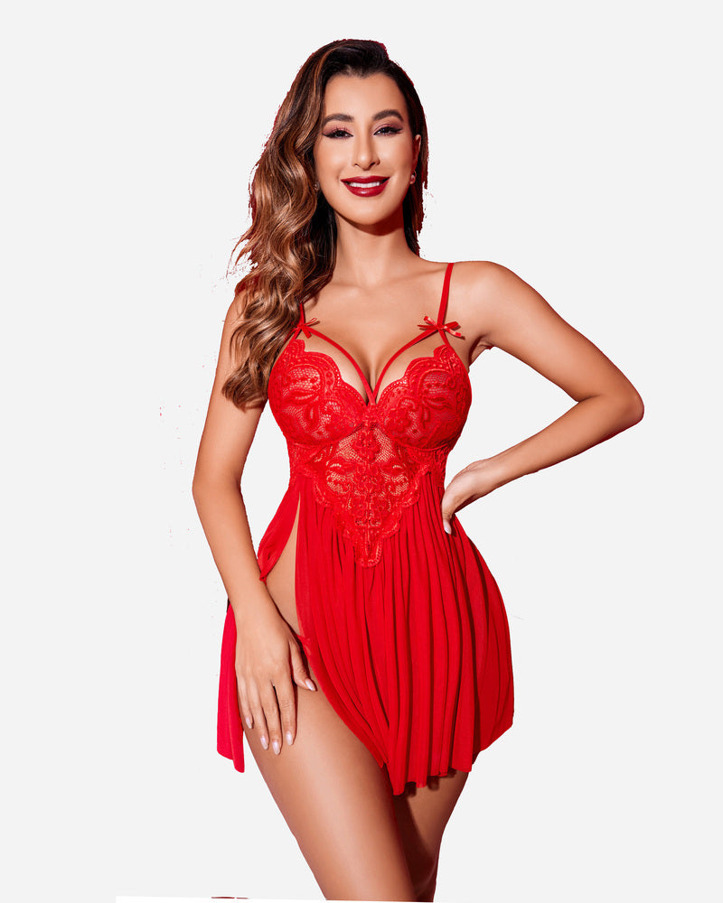Red v-neck mesh babydoll nighty with lace bust, tie-detail straps, short flared hem