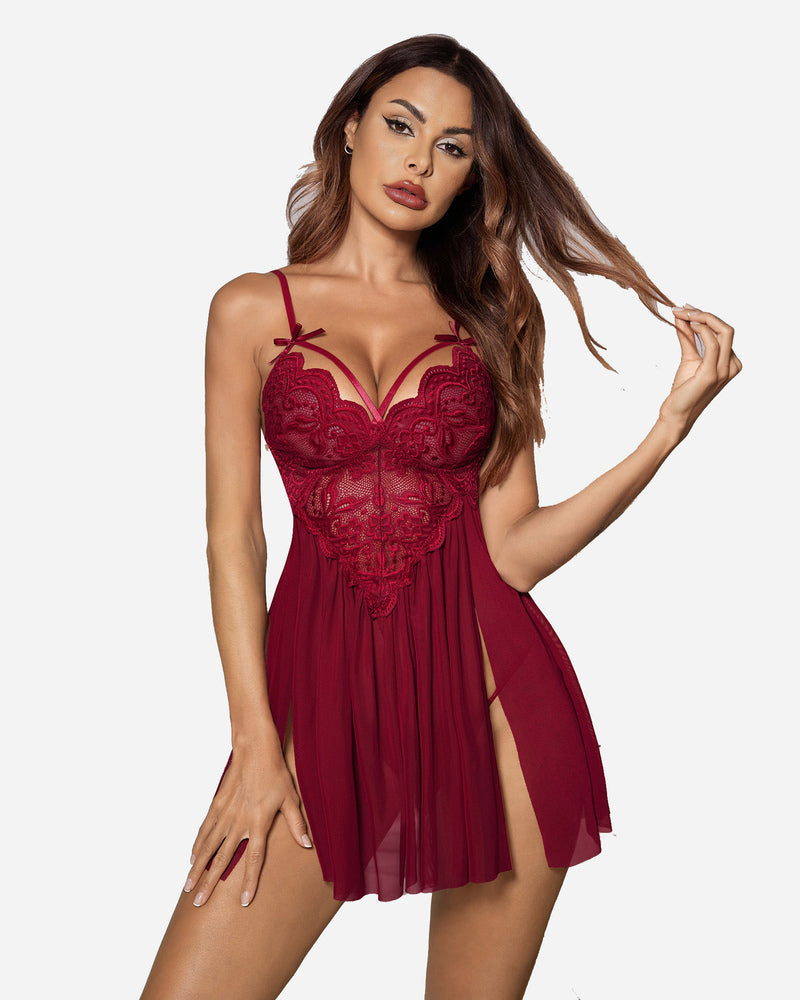 Wine red lace V-neck babydoll with spaghetti straps and side slit hem