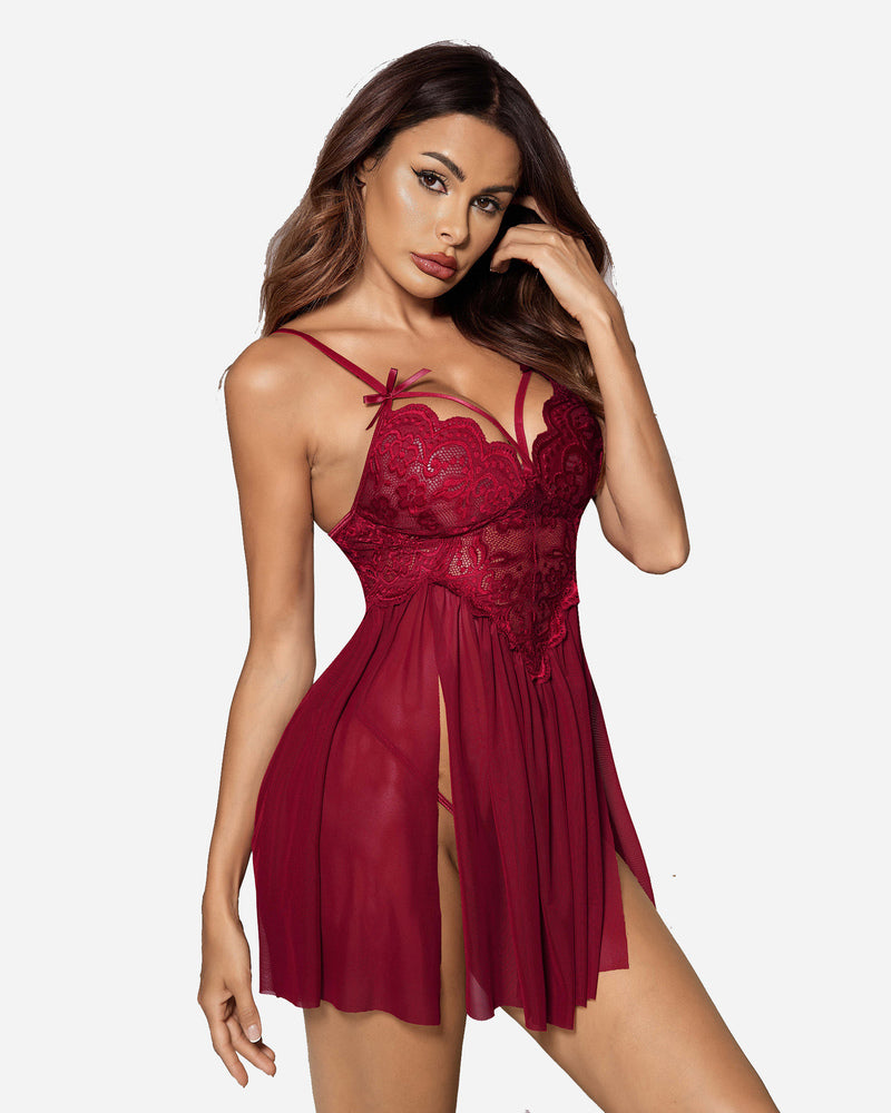 Wine red V-neck mesh nighty with lace bodice, bow straps, and side slit hem