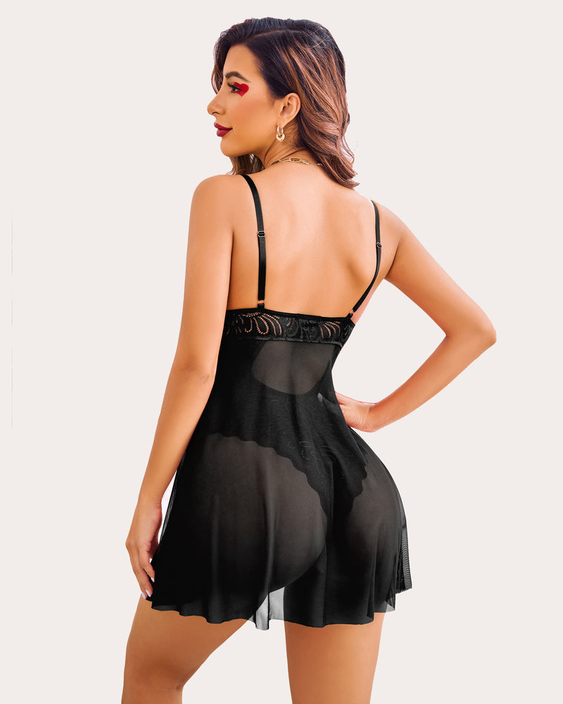 Black lace teddy with sheer babydoll skirt and adjustable spaghetti straps