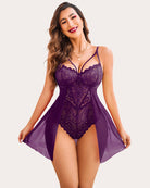 Purple lace floral teddy with thin straps, lace bodice and flared sheer mini skirt