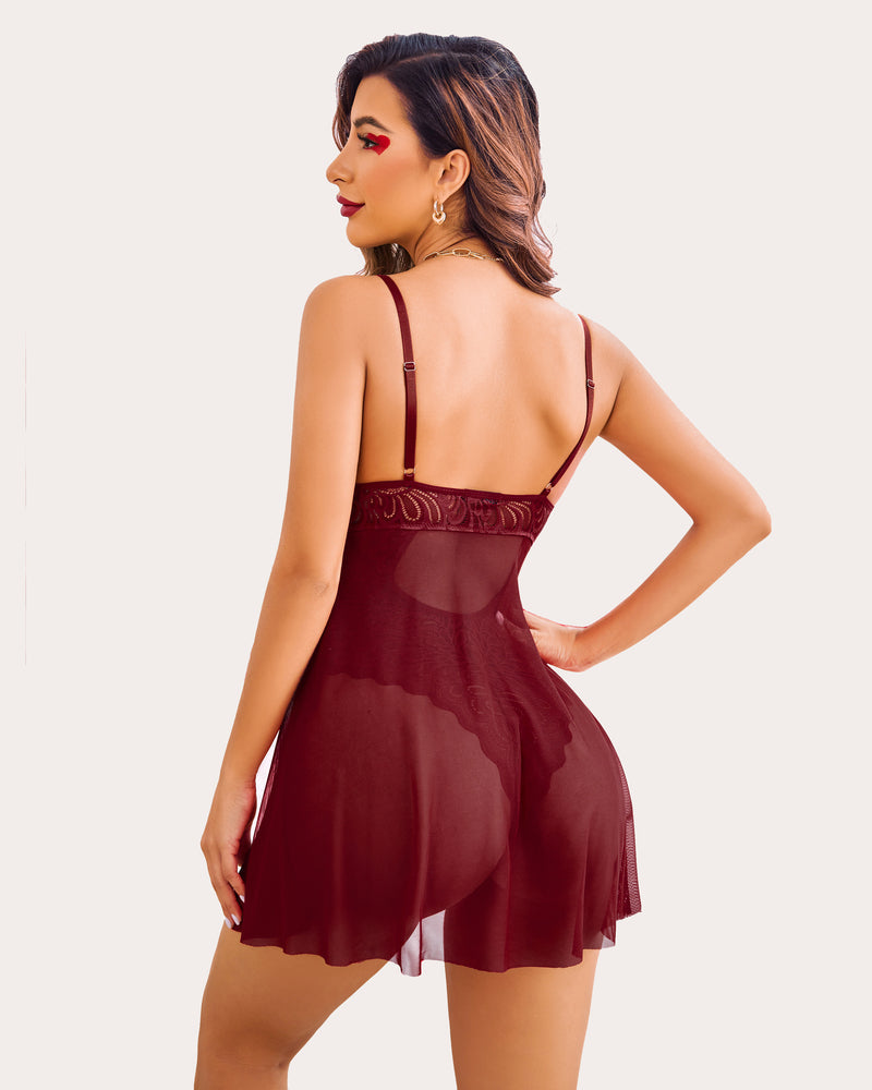 Dark red lace teddy with spaghetti straps, scalloped cups, and flared sheer skirt
