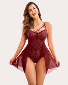 Burgundy lace floral teddy with thin straps, lace bodice and flared sheer mini skirt