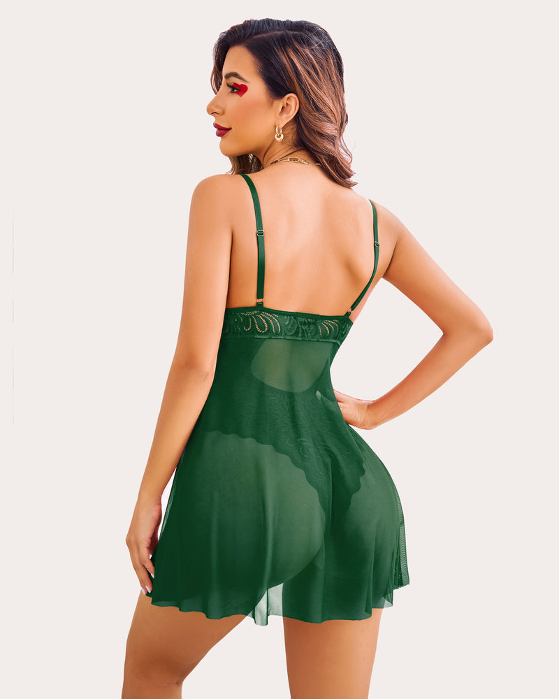 Green lace teddy nightie with sheer babydoll skirt and snap crotch detail