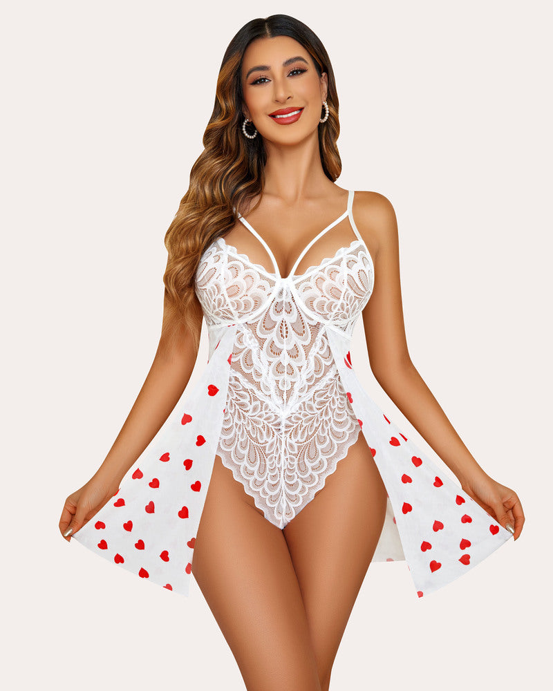 White lace teddy nightie with floral embroidery and sheer skirt with red heart print