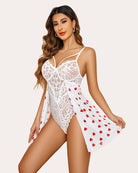 White lace floral print snap-crotch teddy with red heart sheer overlay and thin straps