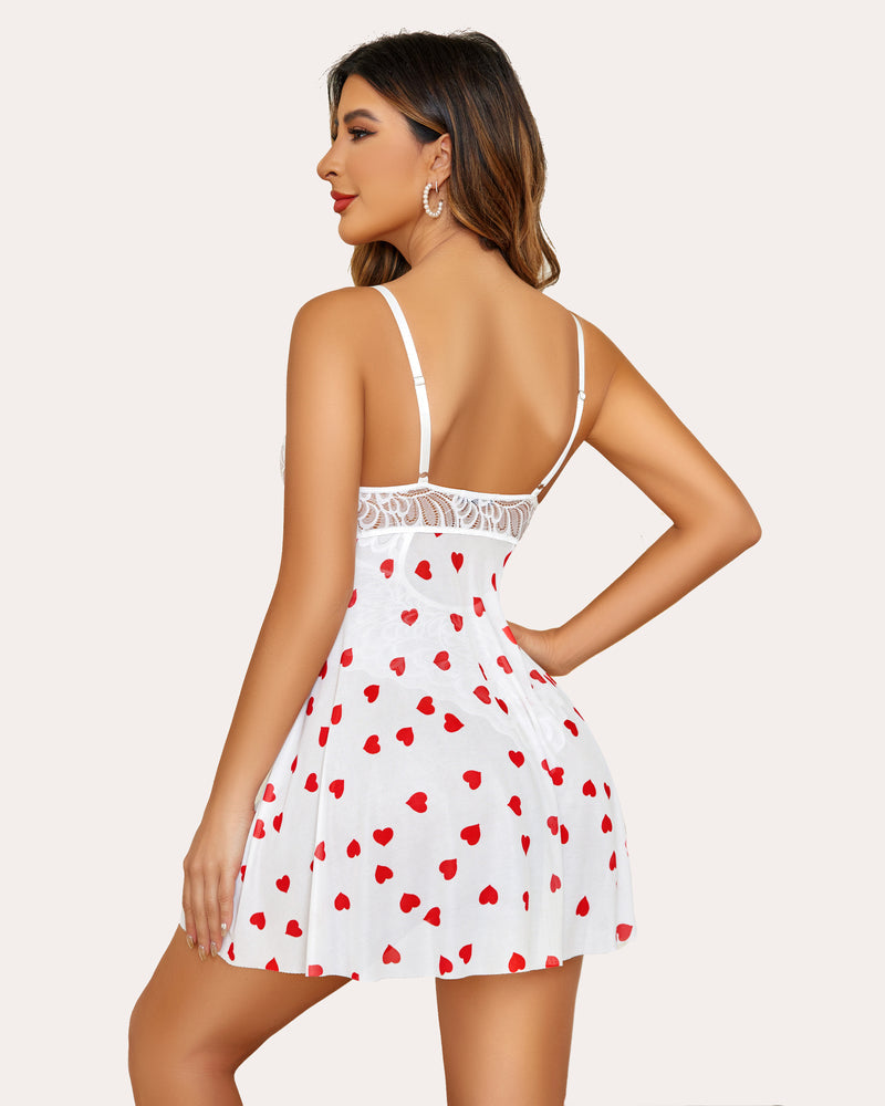 White lace teddy nightie with floral embroidery and sheer skirt with red heart print, back view