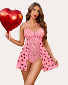 Pink lace floral print snap-crotch teddy with red heart pattern sheer skirt overlay