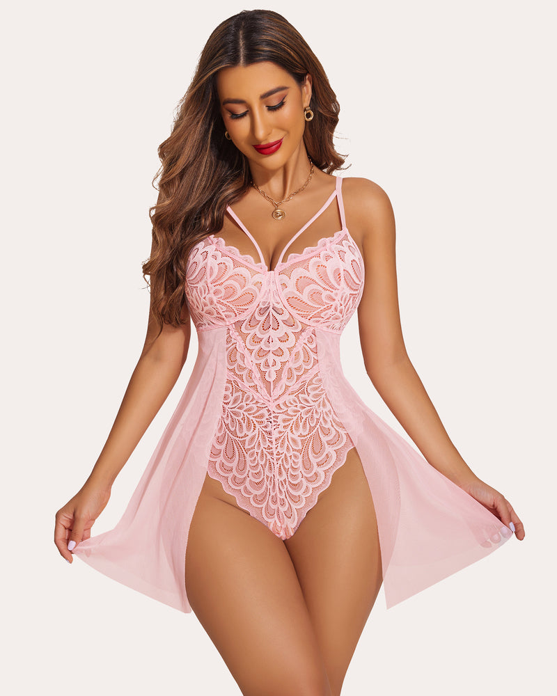 Pink lace teddy nightie with floral embroidery and sheer babydoll skirt