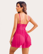 Pink lace floral snap crotch teddy with back straps and sheer layered skirt