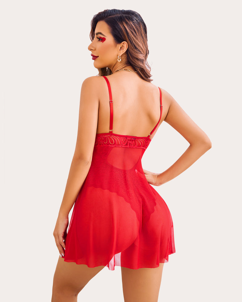 Crimson red lace floral snap crotch teddy with back straps and sheer ruffle hem