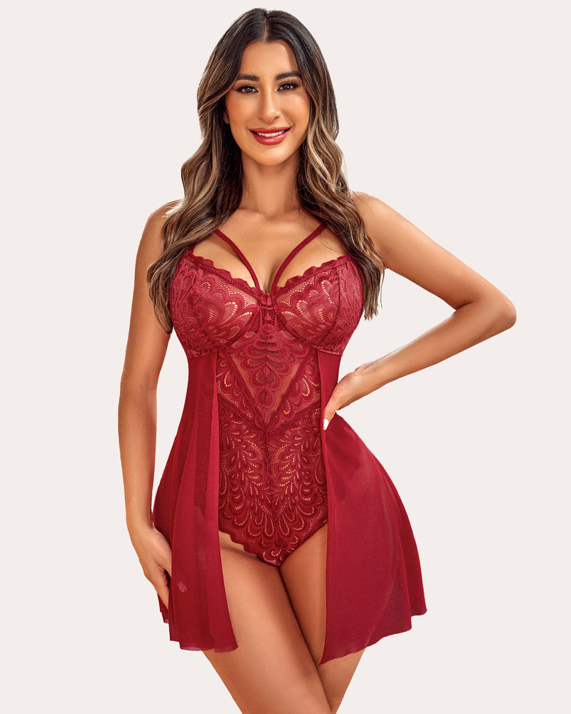 Wine red lace floral snap crotch teddy with lace cups and flowy sheer skirt
