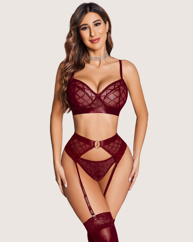 Sheer mesh bra and panty set with garter belt, dark red lattice pattern