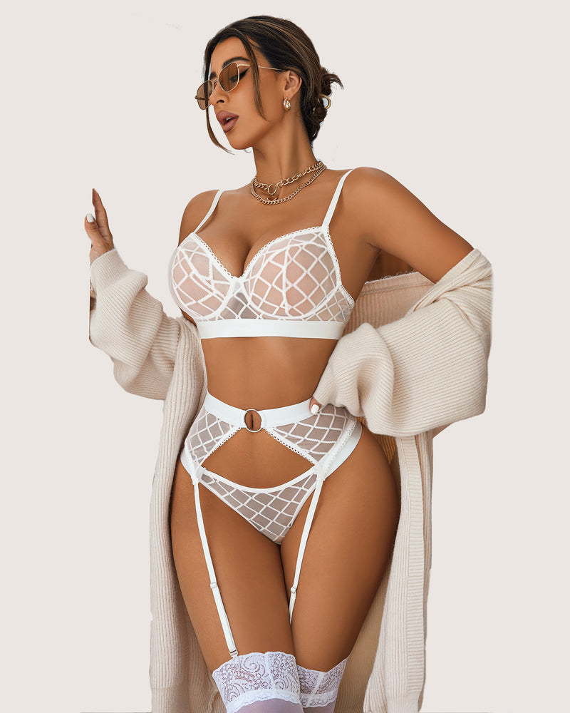 Sheer mesh bra and panty set with garter belt, white lattice pattern, front view
